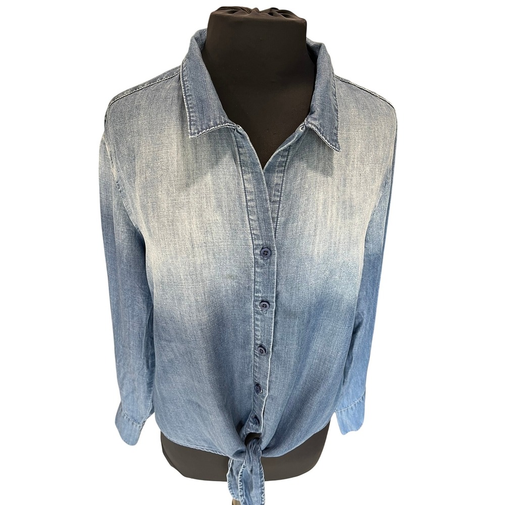 Cloth & Stone Ombre Chambray Tie Front Button Down Shirt Blue Large